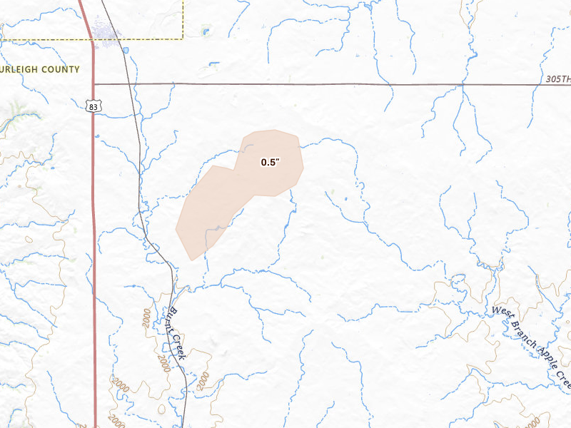 Radar-estimated hail-size map of the storm over Wilton, ND on Sep 4, 2026