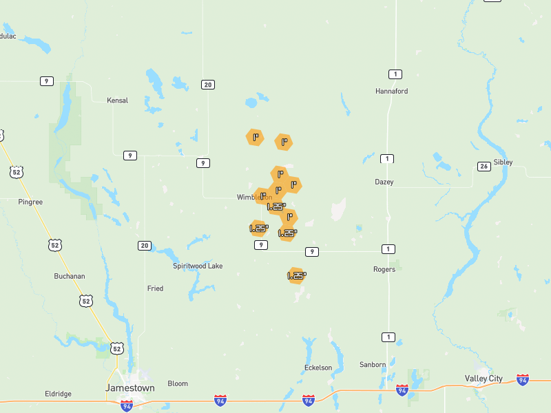 Hail map of Wimbledon, ND on Jun 3, 2026, hail up to 1.25"