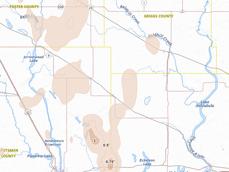 Radar-estimated hail-size map of the storm over Wimbledon, ND on Jun 9, 2026