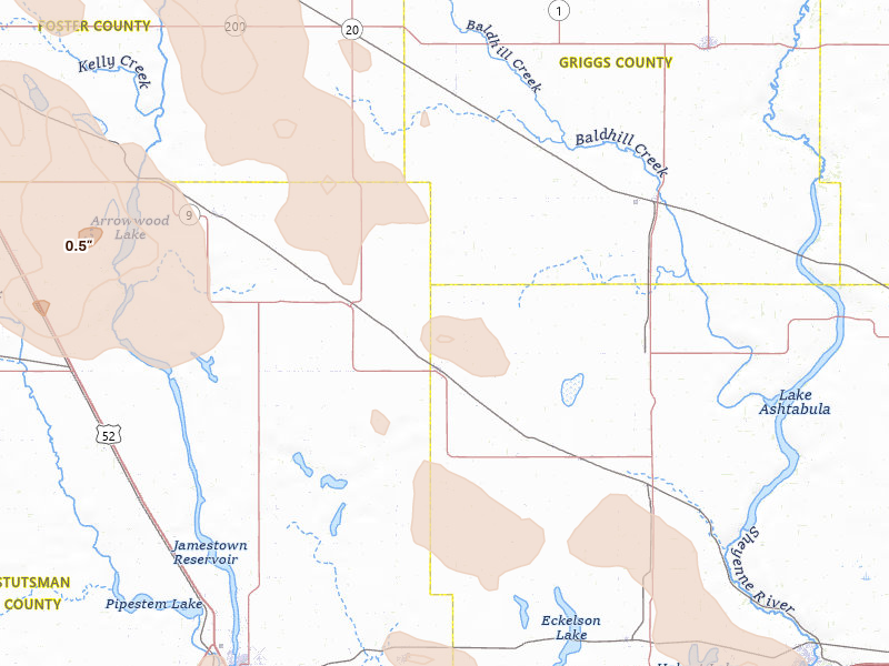 Radar-estimated hail-size map of the storm over Wimbledon, ND on Jul 9, 2026