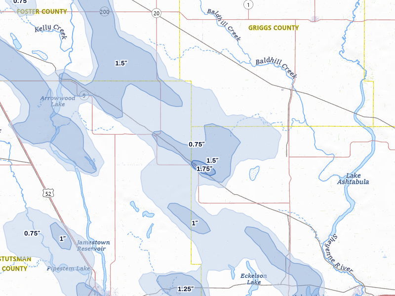 NEXRAD radar-signature map of the hail storm over Wimbledon, ND on Jul 9, 2026