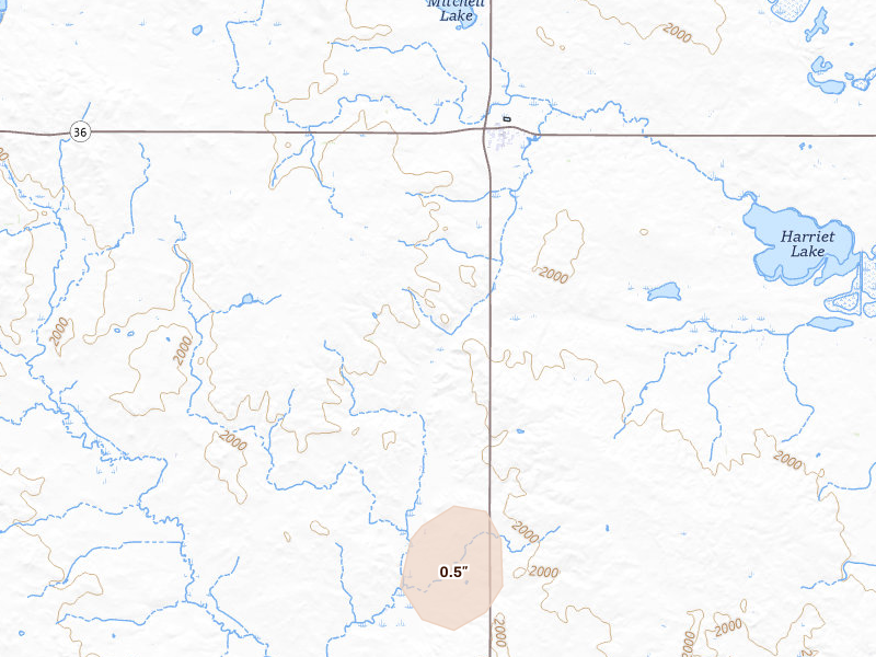 Radar-estimated hail-size map of the storm over Wing, ND on Jun 9, 2026