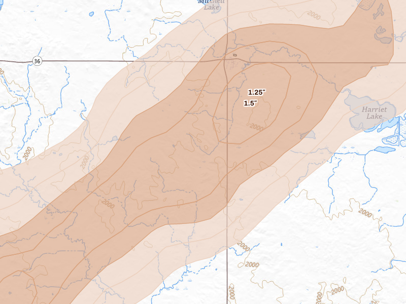 Radar-estimated hail-size map of the storm over Wing, ND on Jun 29, 2026