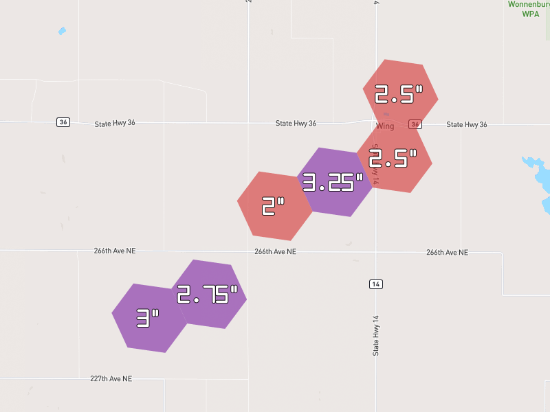 Hail map of Wing, ND on Jun 29, 2026, hail up to 3.25"