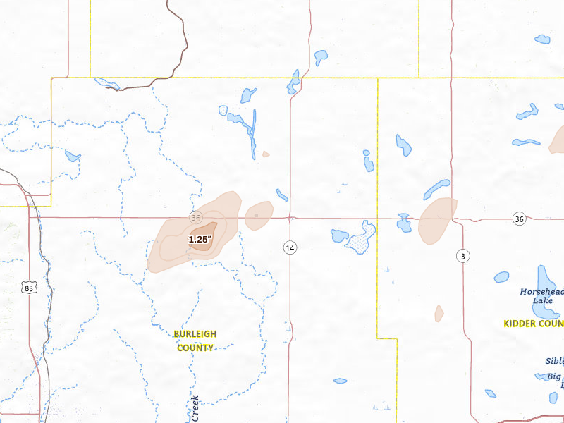 Radar-estimated hail-size map of the storm over Wing, ND on Jul 2, 2026
