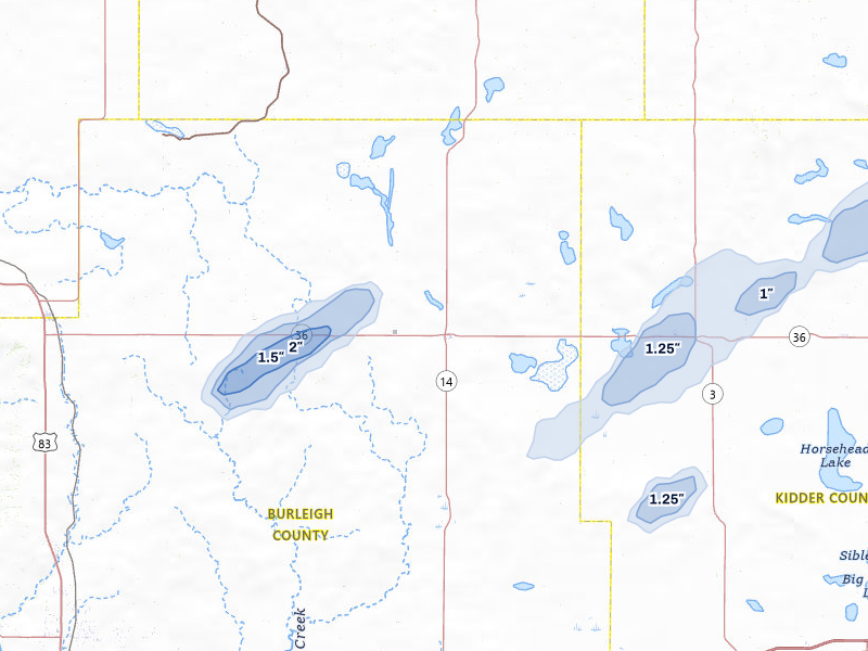 NEXRAD radar-signature map of the hail over Wing, ND