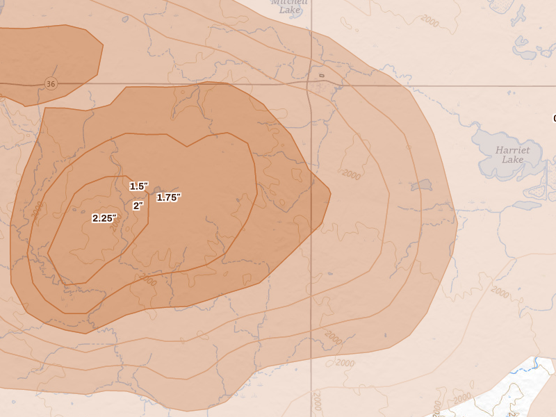 Radar-estimated hail-size map of the storm over Wing, ND on Jul 9, 2026