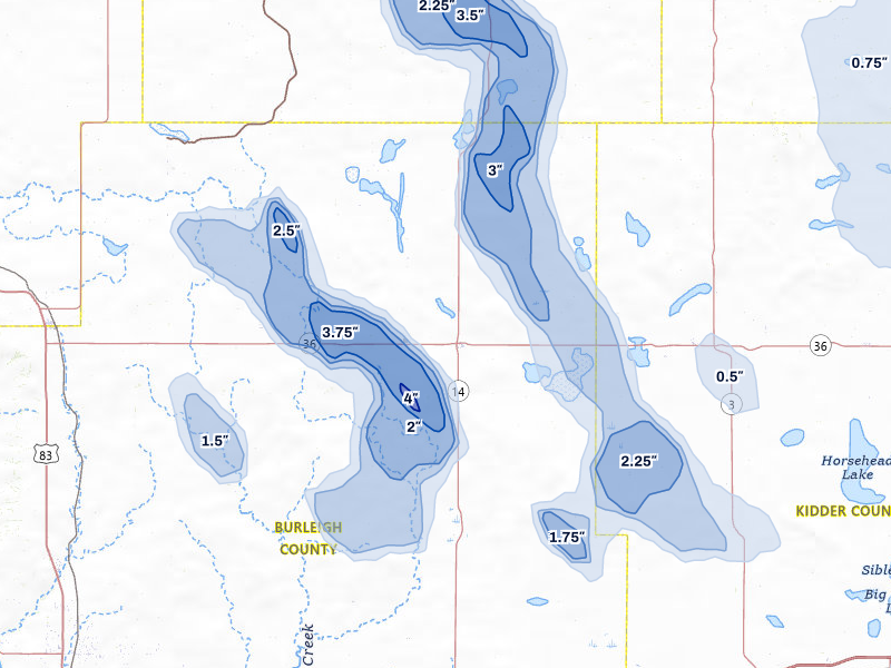 NEXRAD radar-signature map of the hail storm over Wing, ND on Jul 9, 2026