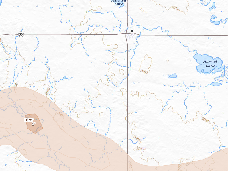Radar-estimated hail-size map of the storm over Wing, ND on Jul 19, 2026