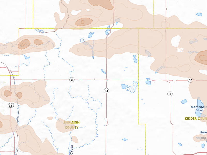 Radar-estimated hail-size map of the storm over Wing, ND on Jul 24, 2026