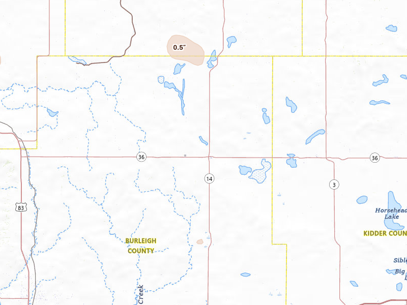 Radar-estimated hail-size map of the storm over Wing, ND on Jul 29, 2026