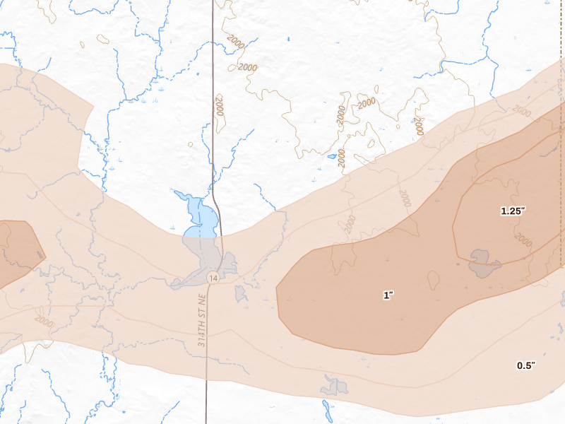 Radar-estimated hail-size map of the storm over Wing, ND on Aug 11, 2026