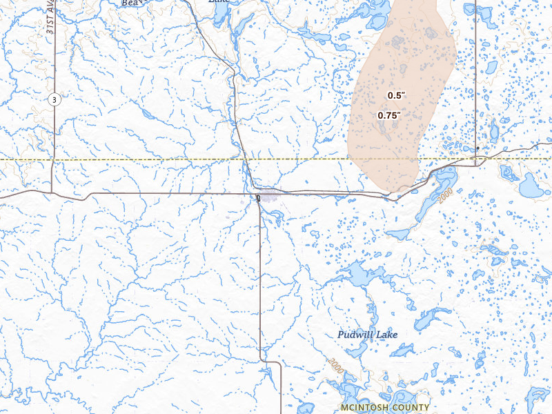 Radar-estimated hail-size map of the storm over Wishek, ND on Jun 2, 2026