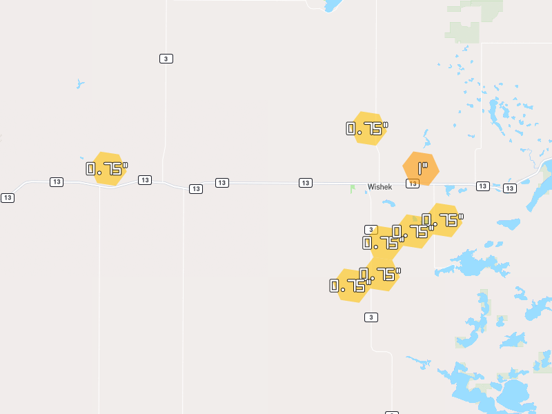 Hail map of Wishek, ND on Jun 2, 2026, hail up to 1"