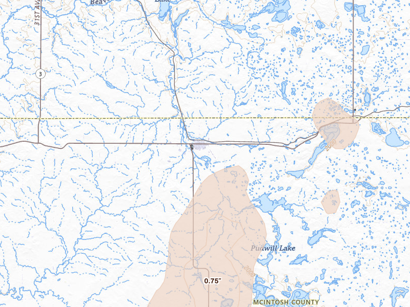 Radar-estimated hail-size map of the storm over Wishek, ND on Jun 9, 2026