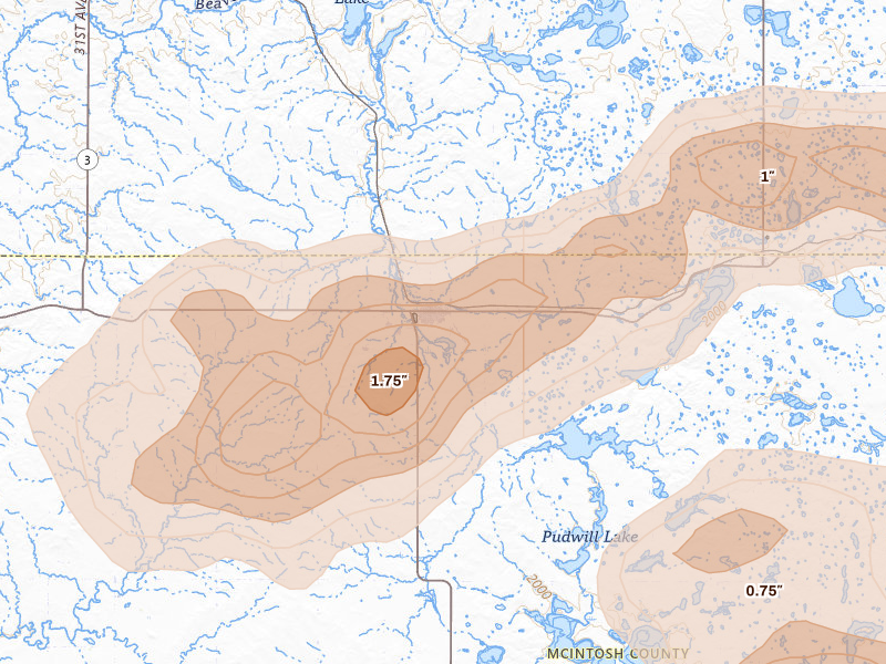 Radar-estimated hail-size map of the storm over Wishek, ND on Jul 19, 2026