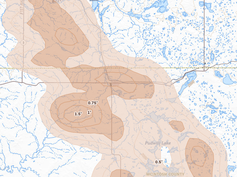 Radar-estimated hail-size map of the storm over Wishek, ND on Aug 24, 2026