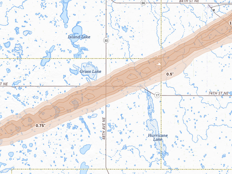 Radar-estimated hail-size map of the storm over Wolford, ND on Jan 2, 2026