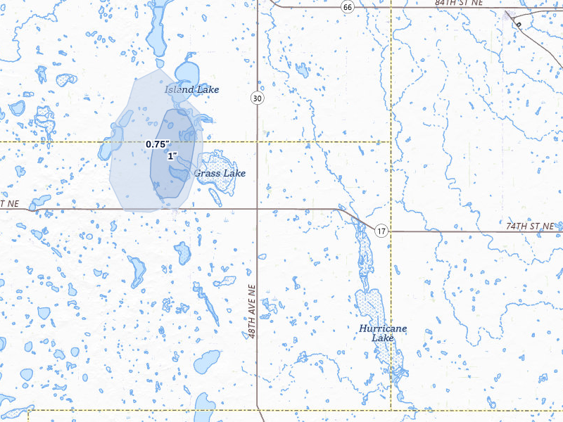 NEXRAD radar-signature map of the hail storm over Wolford, ND on May 27, 2026