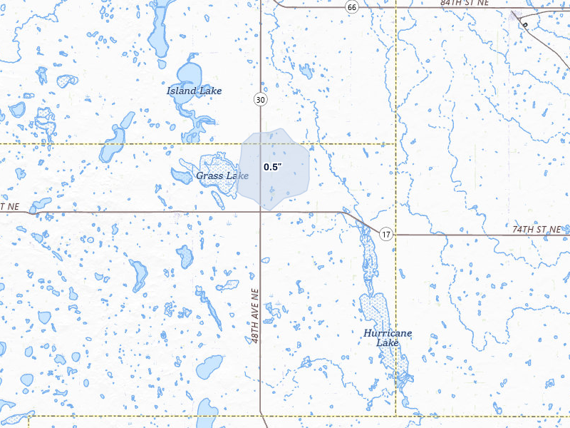 NEXRAD radar-signature map of the hail storm over Wolford, ND on Jul 2, 2026