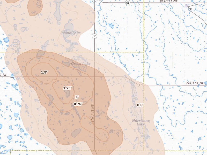 Radar-estimated hail-size map of the storm over Wolford, ND on Jul 16, 2026