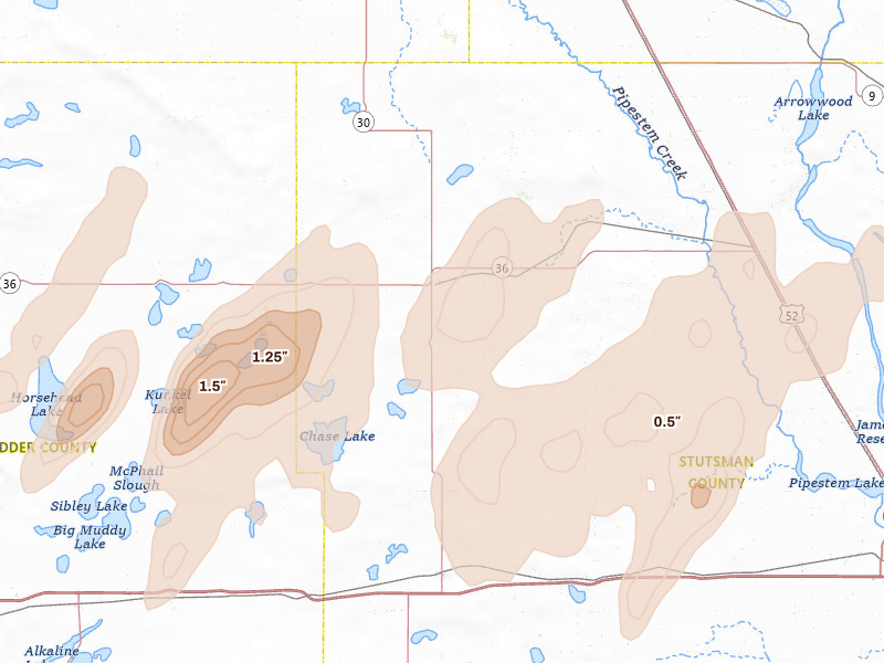 Radar-estimated hail-size map of the storm over Woodworth, ND on Jun 2, 2026