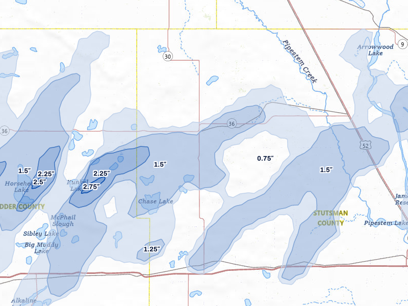 NEXRAD radar-signature map of the hail over Woodworth, ND