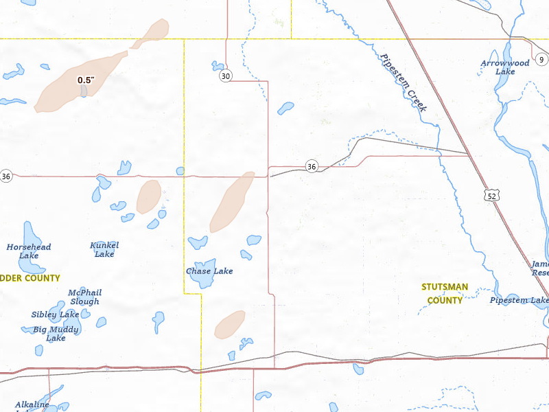Radar-estimated hail-size map of the storm over Woodworth, ND on Jul 2, 2026