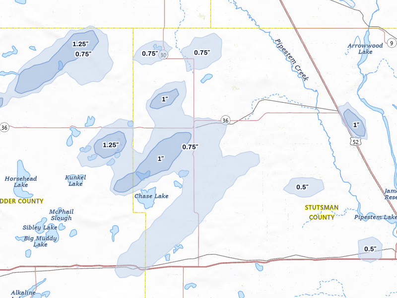 NEXRAD radar-signature map of the hail over Woodworth, ND