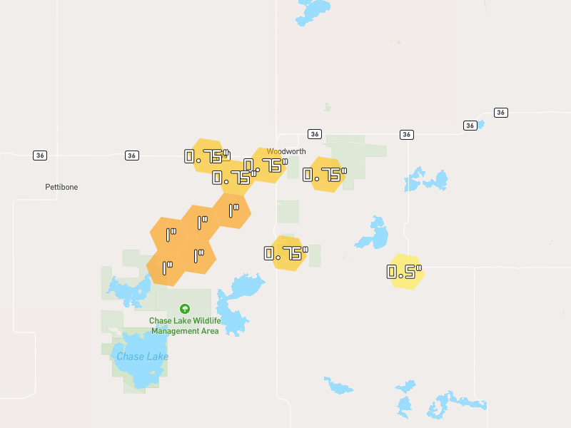 Hail map of Woodworth, ND on Jul 2, 2026, hail up to 1"