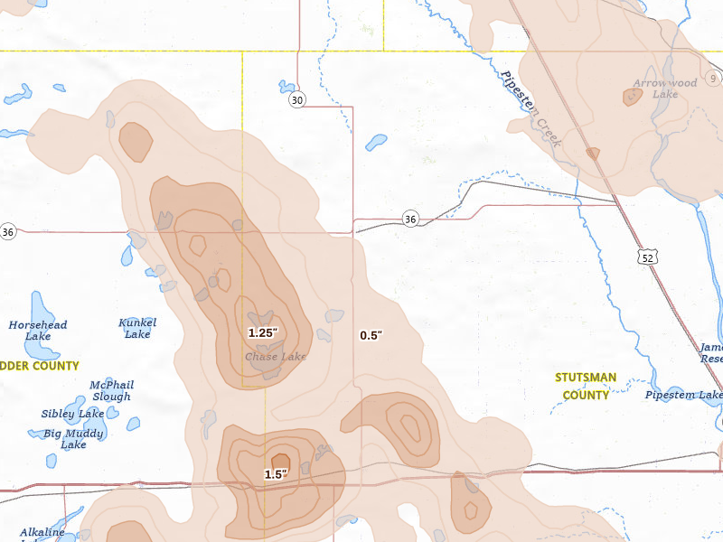 Radar-estimated hail-size map of the storm over Woodworth, ND on Jul 9, 2026