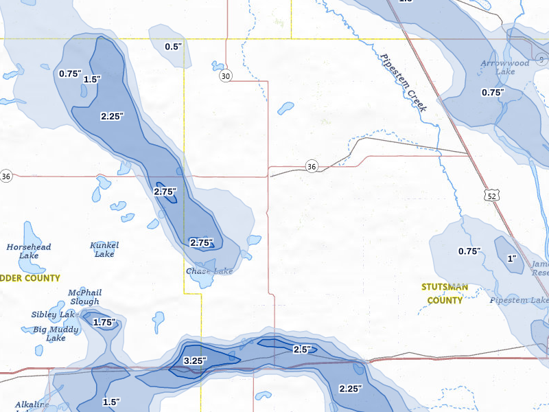 NEXRAD radar-signature map of the hail storm over Woodworth, ND on Jul 9, 2026