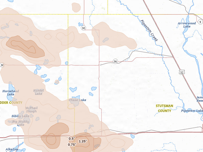 Radar-estimated hail-size map of the storm over Woodworth, ND on Jul 24, 2026