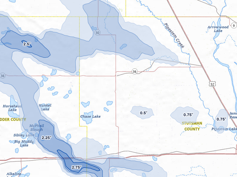 NEXRAD radar-signature map of the hail storm over Woodworth, ND on Jul 24, 2026