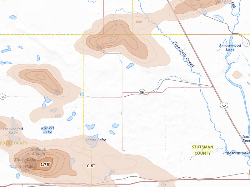 Radar-estimated hail-size map of the storm over Woodworth, ND on Aug 24, 2026