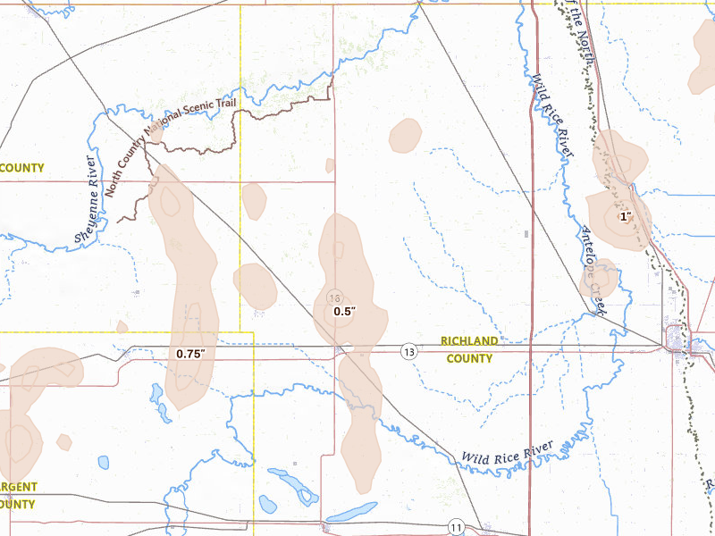 Radar-estimated hail-size map of the storm over Wyndmere, ND on Jun 9, 2026