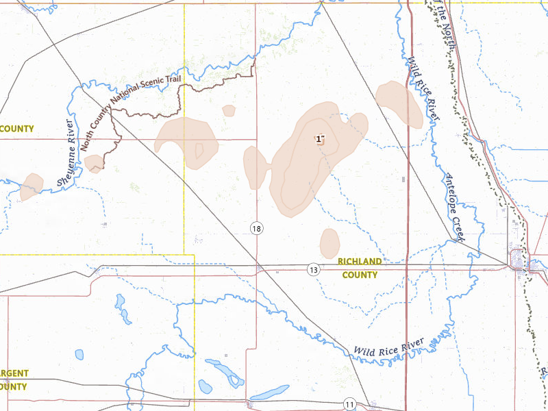 Radar-estimated hail-size map of the storm over Wyndmere, ND on Jul 30, 2026