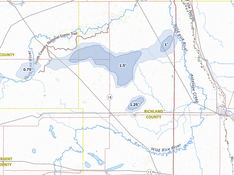 NEXRAD radar-signature map of the hail storm over Wyndmere, ND on Jul 30, 2026