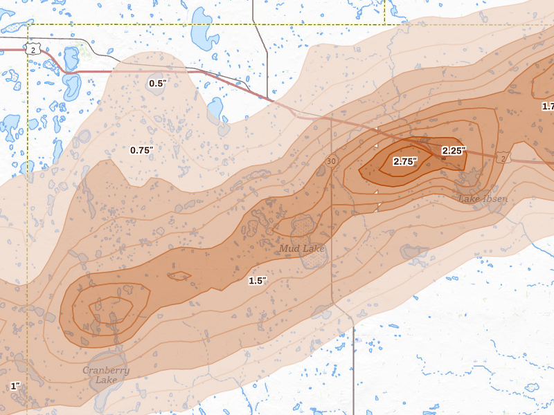 Radar-estimated hail-size map of the storm over York, ND on Jun 28, 2026