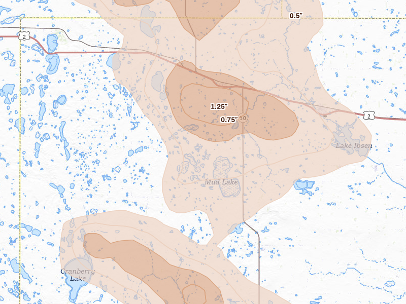Radar-estimated hail-size map of the storm over York, ND on Jul 16, 2026