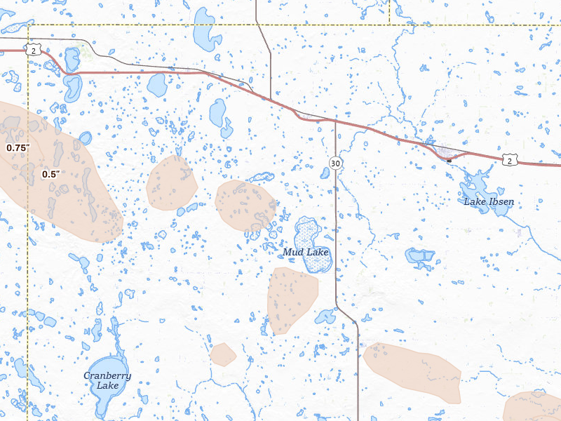 Radar-estimated hail-size map of the storm over York, ND on Aug 23, 2026