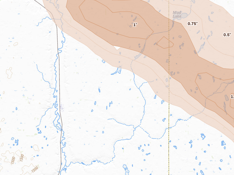 Radar-estimated hail-size map of the storm over Ypsilanti, ND on Aug 11, 2026