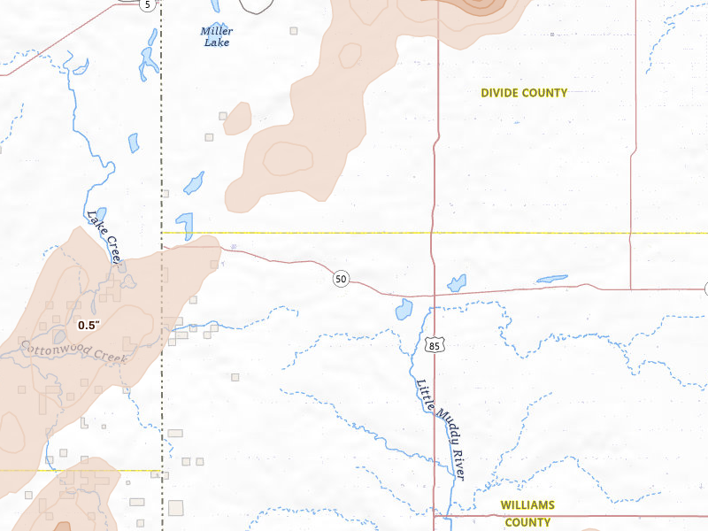 Radar-estimated hail-size map of the storm over Zahl, ND on Jun 6, 2026