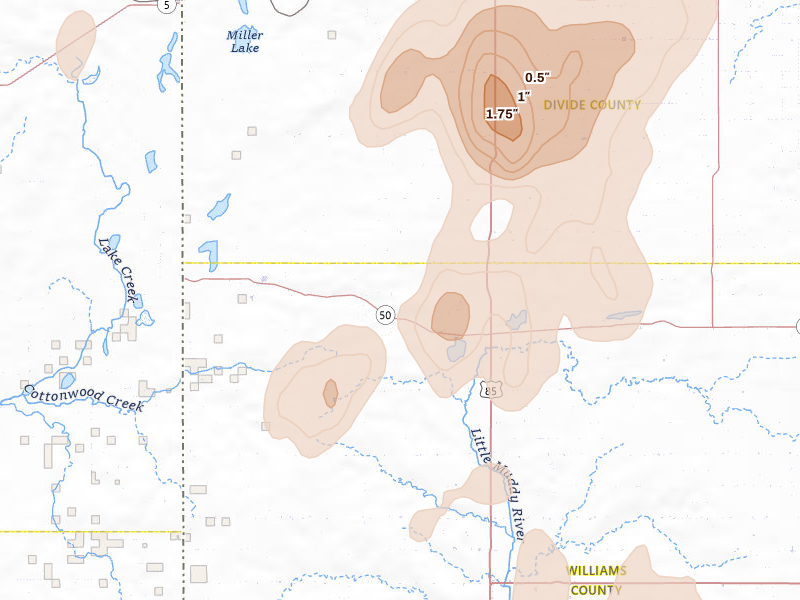 Radar-estimated hail-size map of the storm over Zahl, ND on Jun 7, 2026