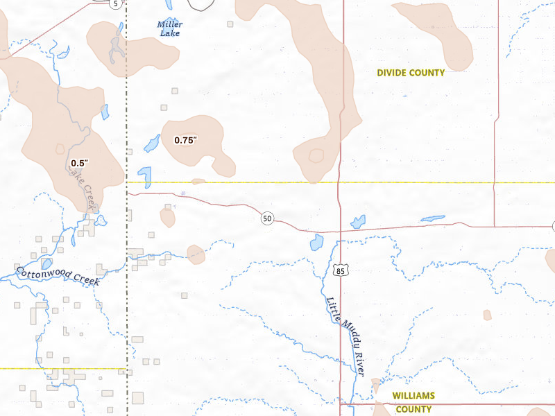 Radar-estimated hail-size map of the storm over Zahl, ND on Jun 27, 2026