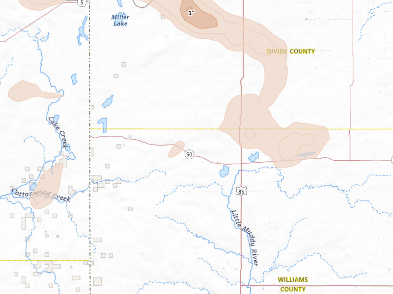 Radar-estimated hail-size map of the storm over Zahl, ND on Jul 2, 2026
