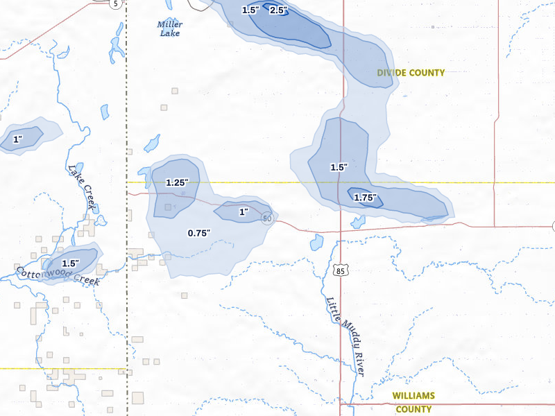 NEXRAD radar-signature map of the hail storm over Zahl, ND on Jul 2, 2026
