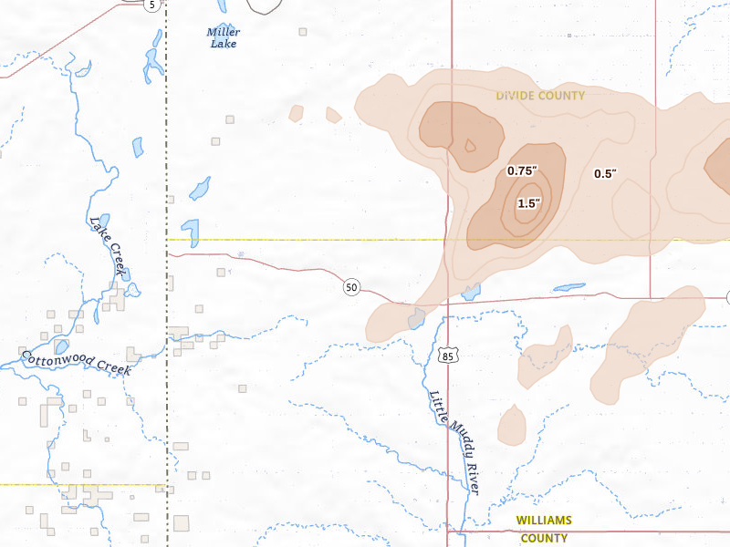 Radar-estimated hail-size map of the storm over Zahl, ND on Jul 3, 2026