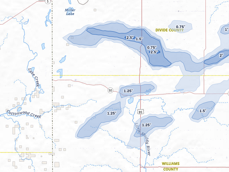 NEXRAD radar-signature map of the hail storm over Zahl, ND on Jul 3, 2026