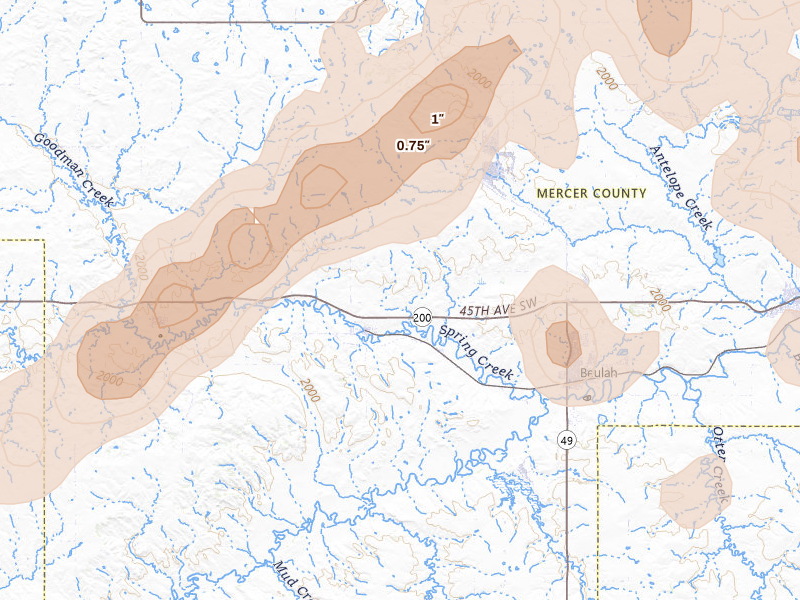 Radar-estimated hail-size map of the storm over Zap, ND on Jun 28, 2026